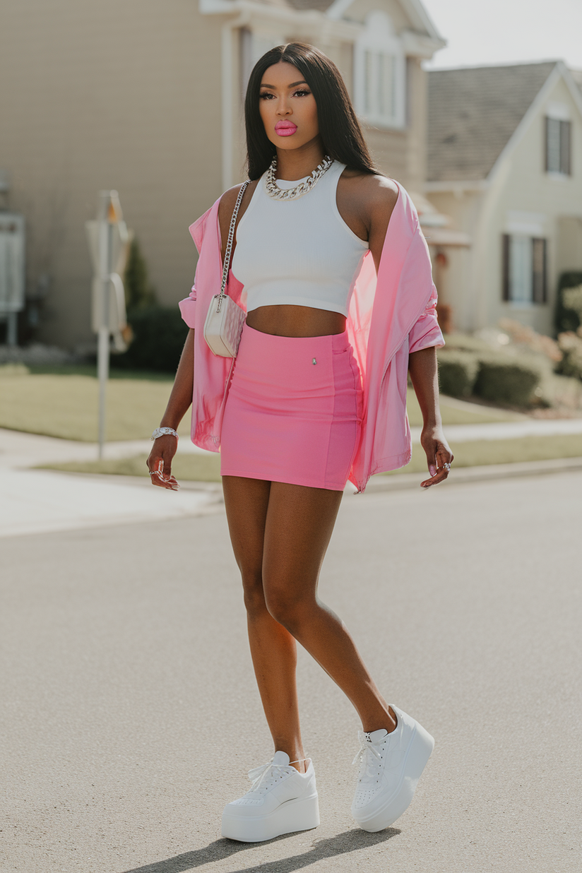 A woman in a hot pink mini skirt and white tank top, styled with platform sneakers and silver accessories.