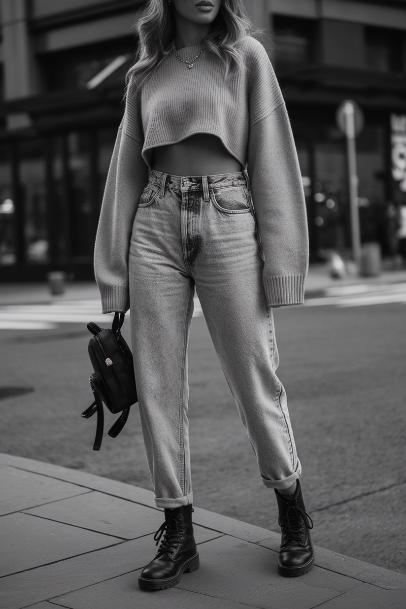 A woman in a cropped sweater and light-wash mom jeans, styled with black combat boots and a black backpack.