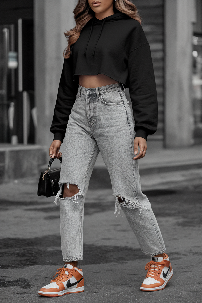 A woman in a black cropped hoodie, ripped jeans, and orange Nike Dunks, with a black handbag and loose waves.