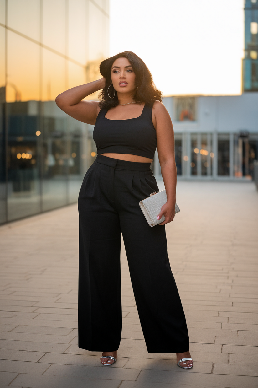 A woman in a black cropped tank top and wide-leg trousers, styled with silver sandals and a white clutch.