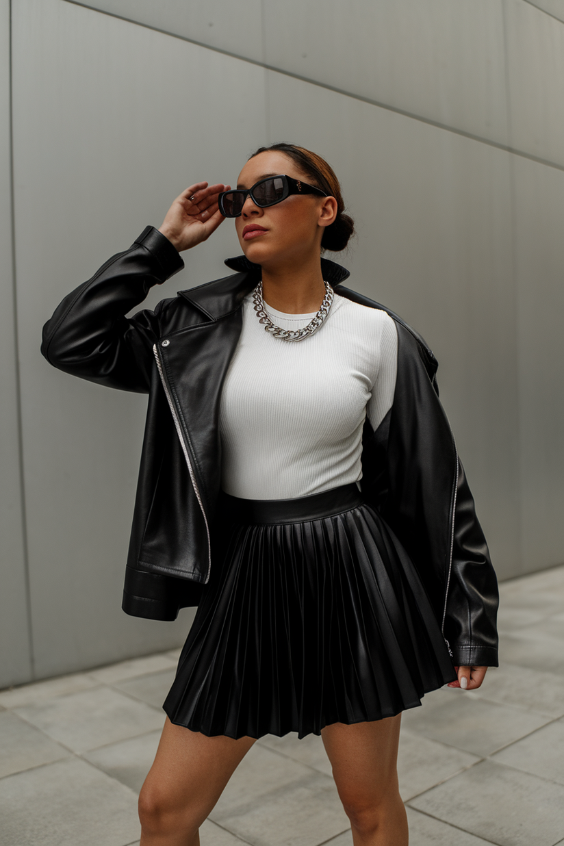 A woman in a black pleated mini skirt, a white fitted top, and black ankle boots, accessorized with silver jewelry.