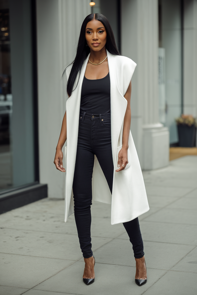 A woman in a white oversized vest, black tank top, and skinny jeans, accessorized with gold jewelry.