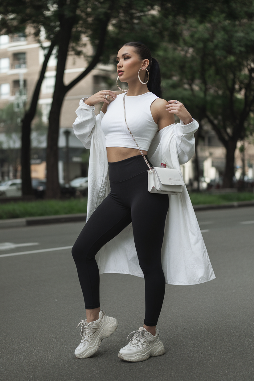 A woman in a white crop top and black leggings, with chunky white sneakers and gold hoop earrings.