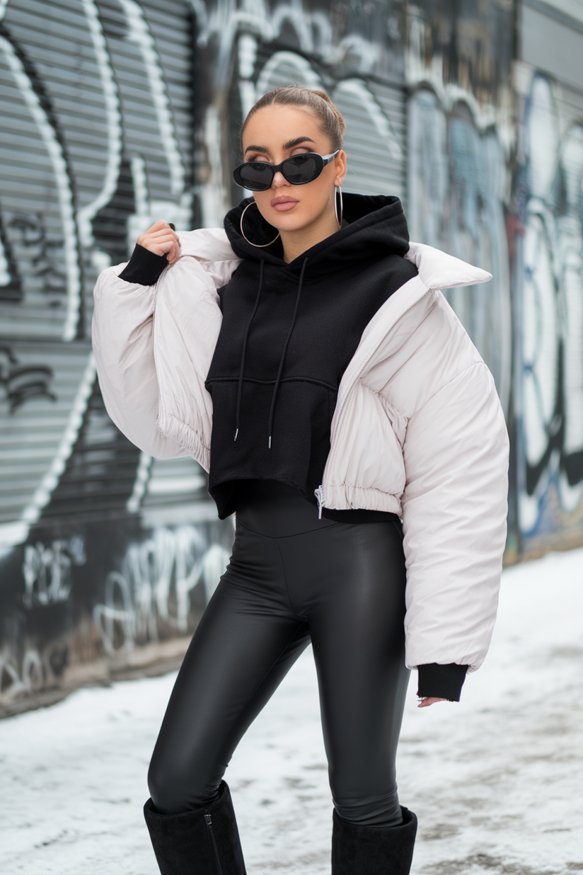 Baddie winter outfit with black leggings, white puffer jacket, and tall black UGG boots.