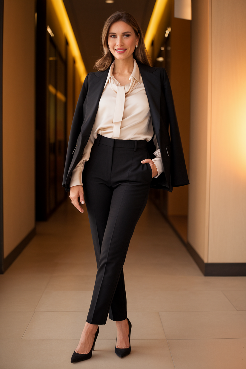 A woman in a black blazer, cream blouse, and black trousers for an elegant winter work outfit.