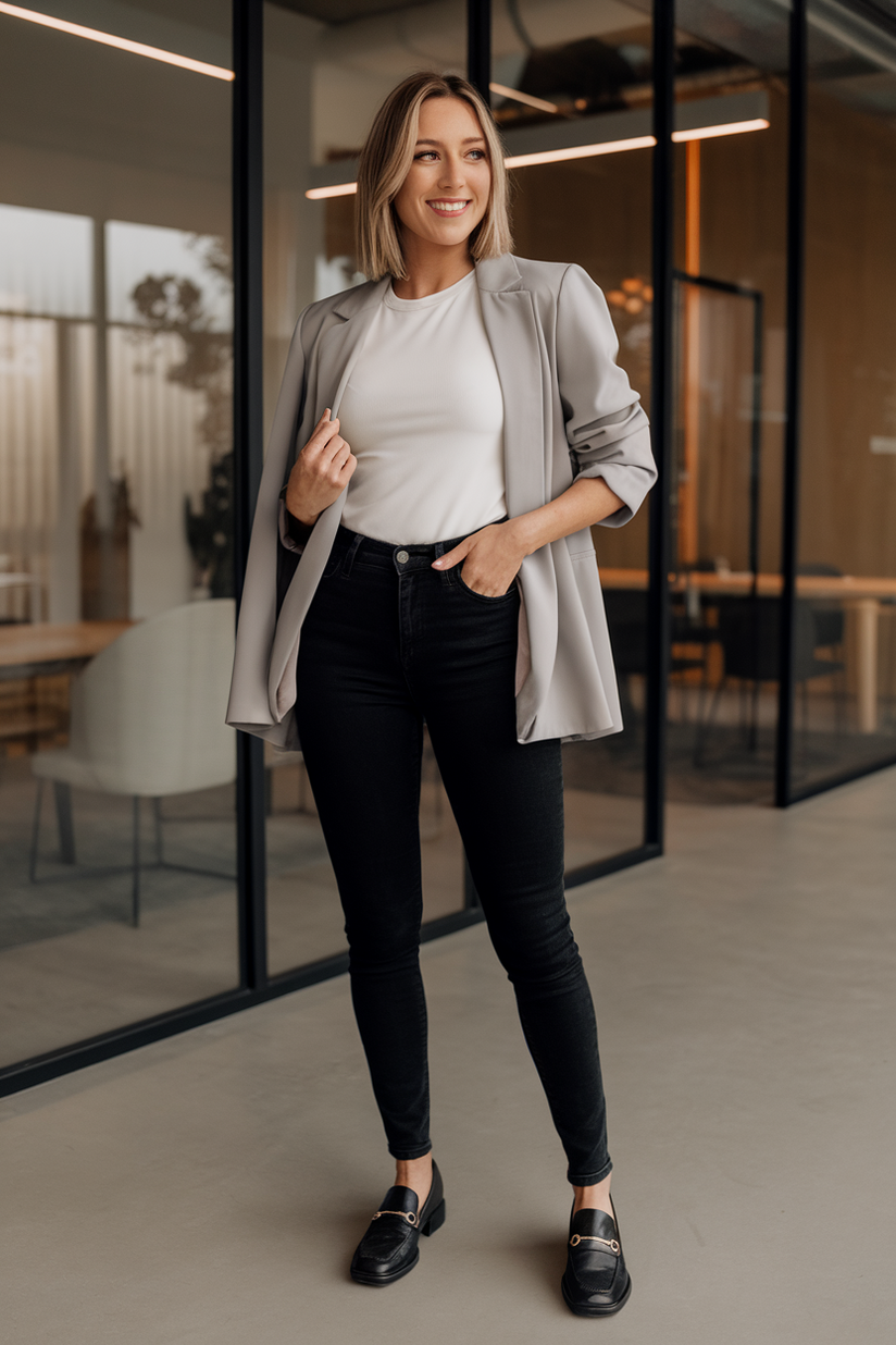 Black skinny jeans and a gray blazer styled for business casual spring work outfits.