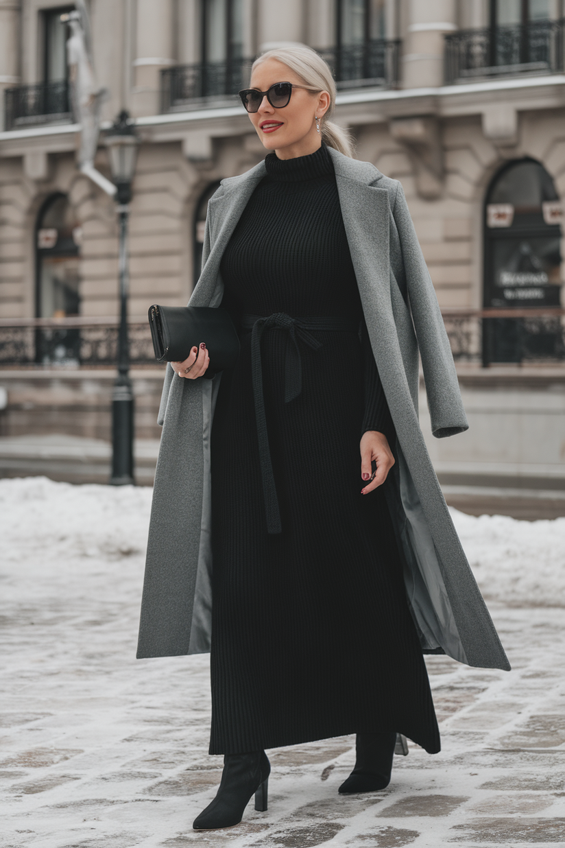 Winter outfit with a black long dress, gray coat, and black boots.