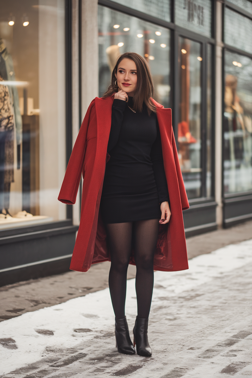 Winter outfit with a black mini dress, red coat, and black tights.