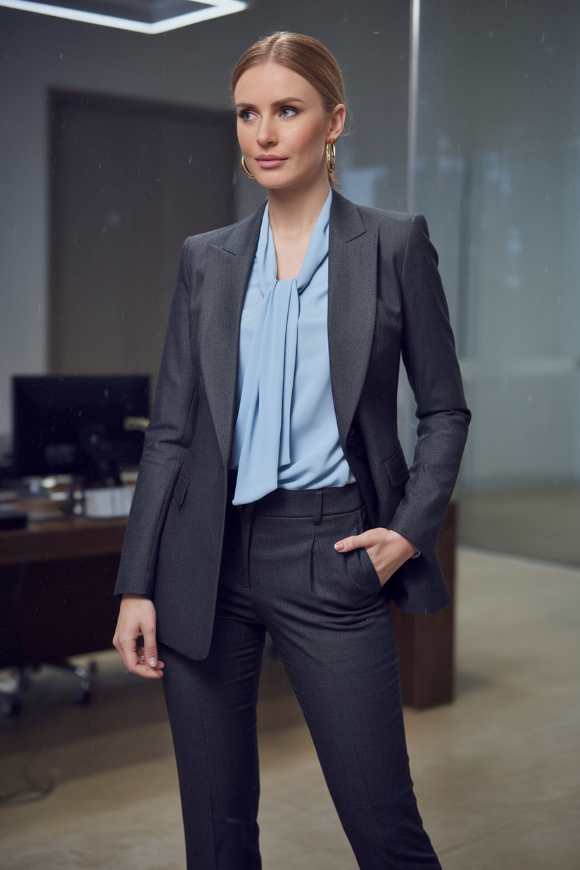 A woman in a charcoal blazer, blue blouse, and gray trousers for a business casual winter work outfit.