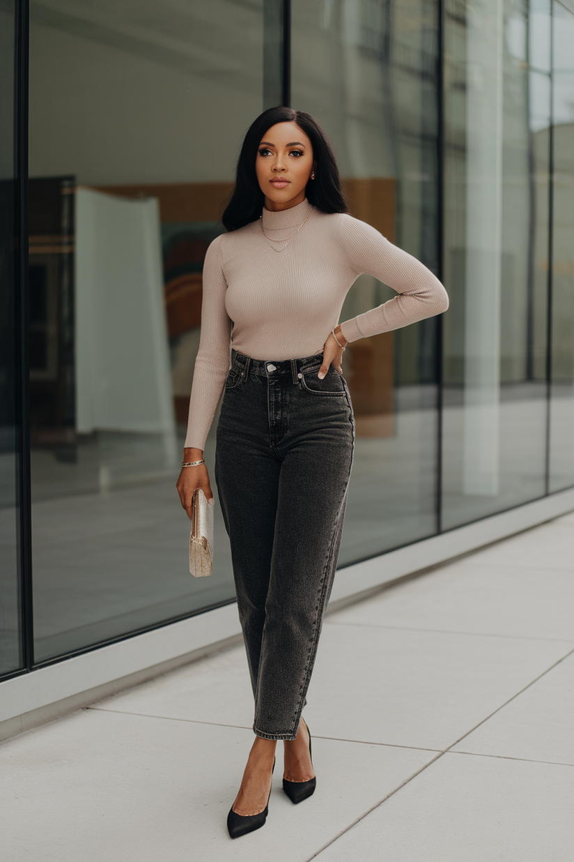 A woman in a beige knit sweater, dark denim jeans, and black heels, accessorized with a gold clutch.