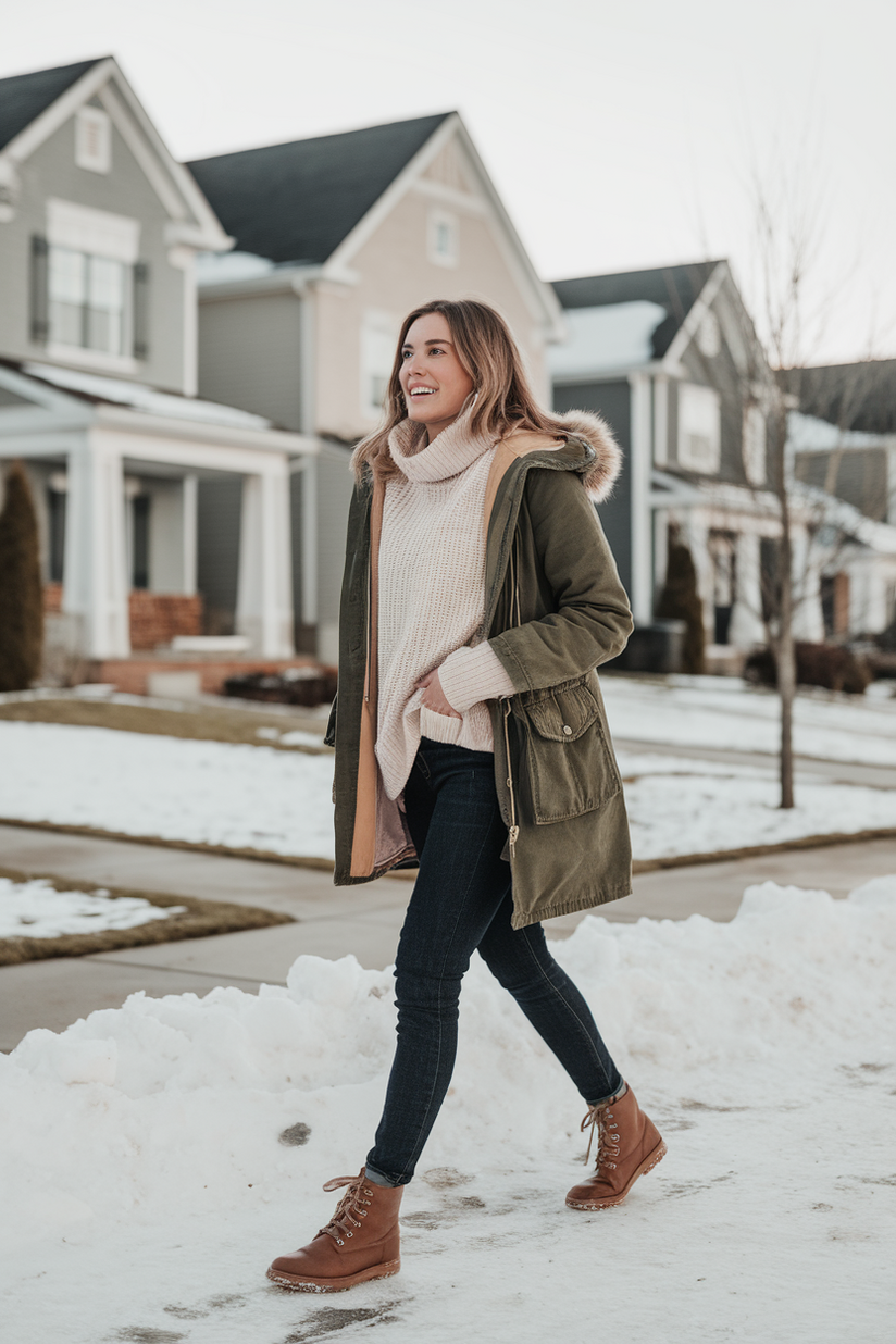 Woman in slim dark jeans, lace-up boots, and a beige sweater with a green parka in a snowy neighborhood.