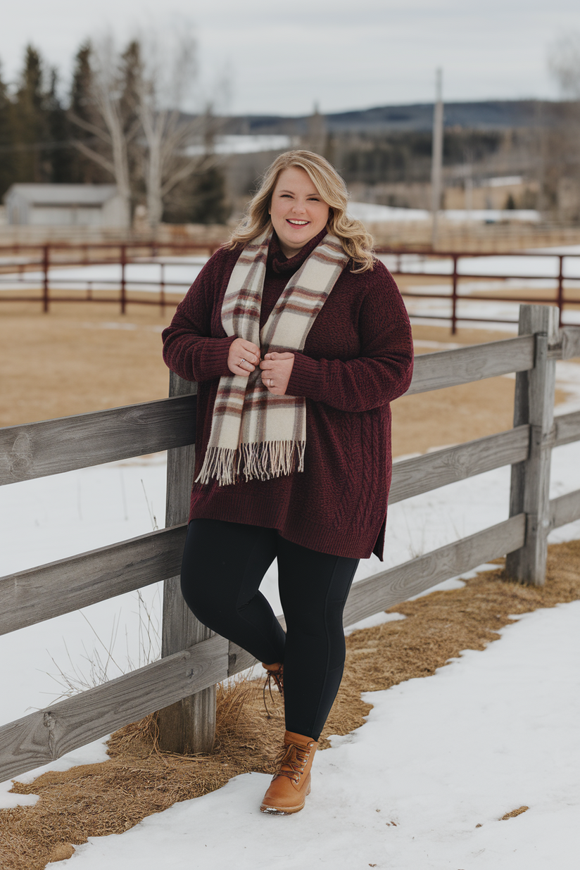 A plus-size woman in a maroon sweater, black leggings, and brown lace-up boots, styled for casual winter wear.