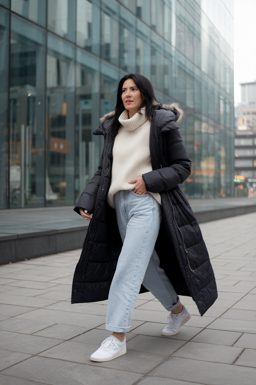 Woman in light mom jeans, white sneakers, and an oversized sweater with a black coat in a winter city.