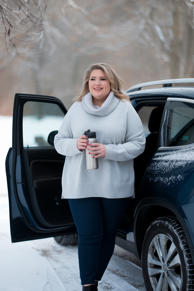 A plus-size woman in a gray cowl-neck sweater, dark jeans, and black ankle boots for a casual winter outfit.