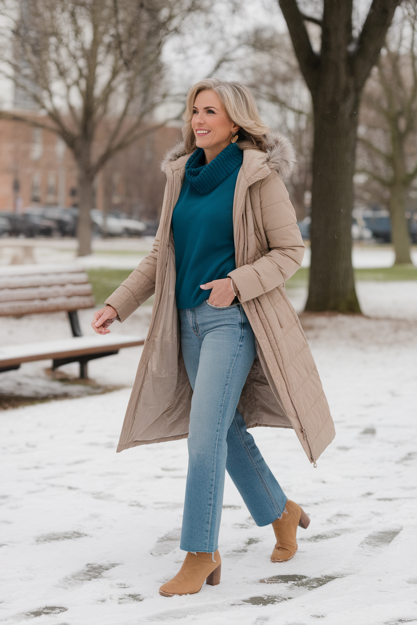 Woman in straight jeans, tan boots, and a teal sweater with a beige puffer coat in a snowy park.