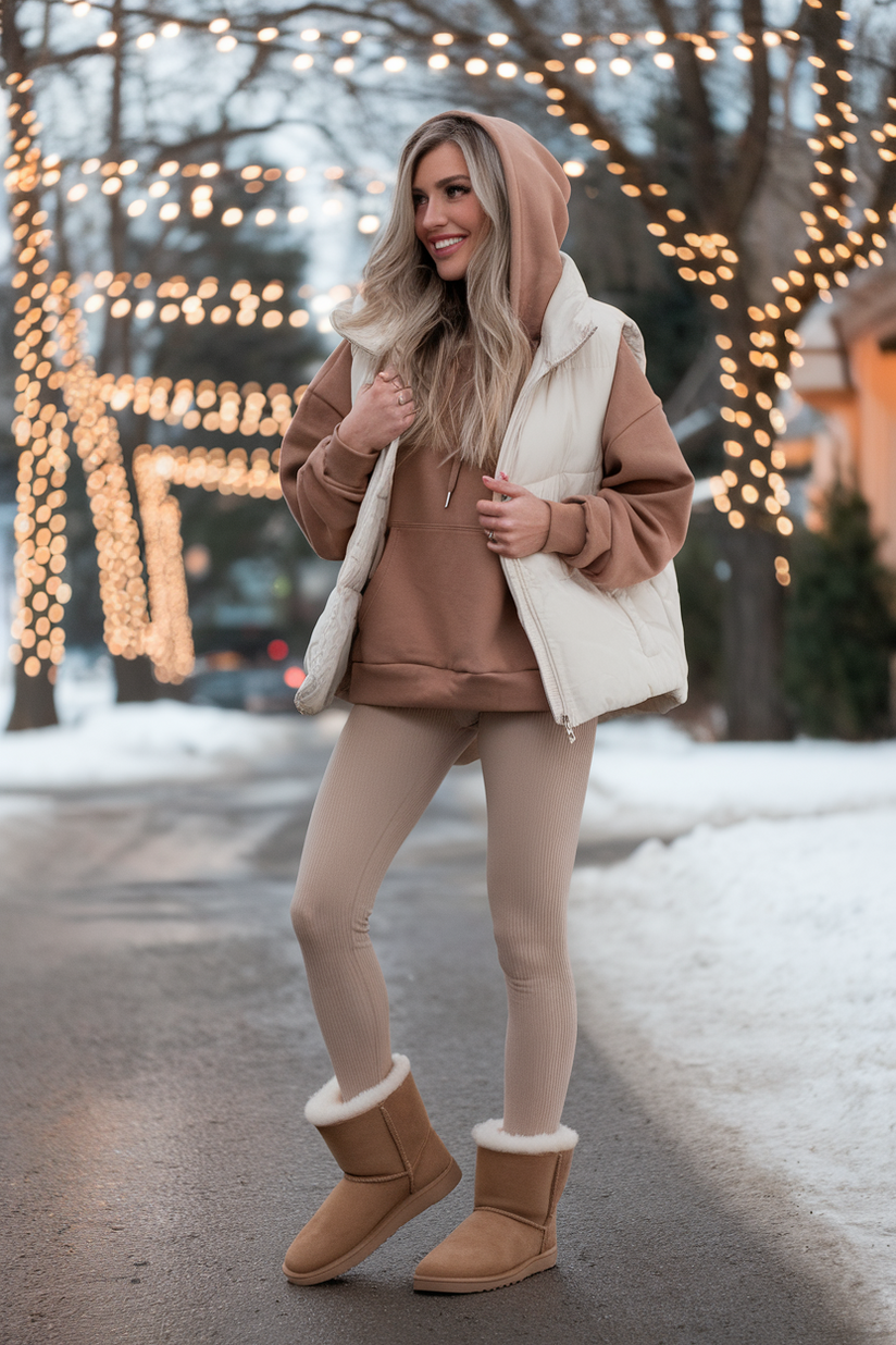 Casual winter outfit with black leggings, green hoodie, and tan UGG boots.