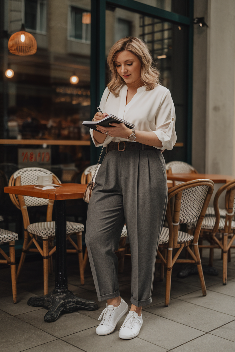 High-waisted gray trousers and a white blouse styled for casual spring work midsize fashion.