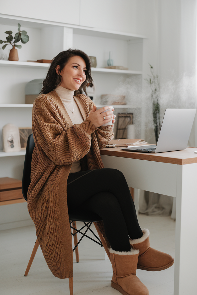 A woman in a tan cardigan, black leggings, and Ugg boots for a casual winter work outfit.