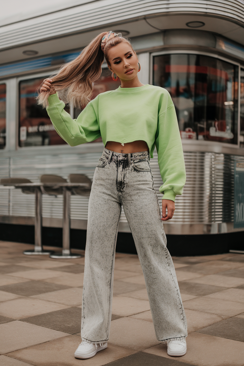 A woman in acid-wash jeans, a neon green sweatshirt, and white sneakers, standing outside a retro diner.