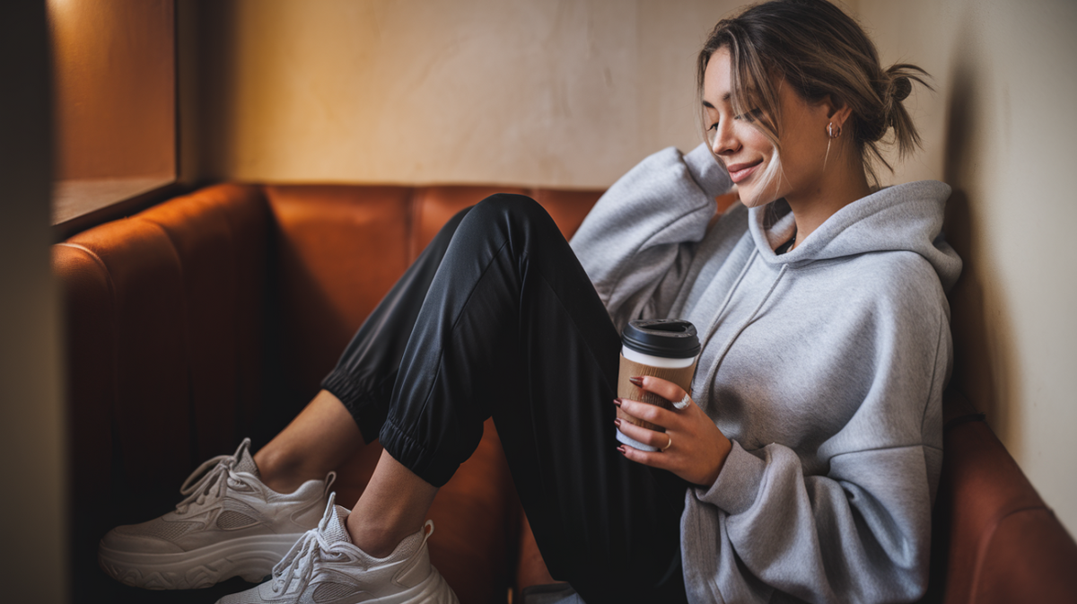 Woman in a gray hoodie, black joggers, and white sneakers, styled for a casual and laid-back look.