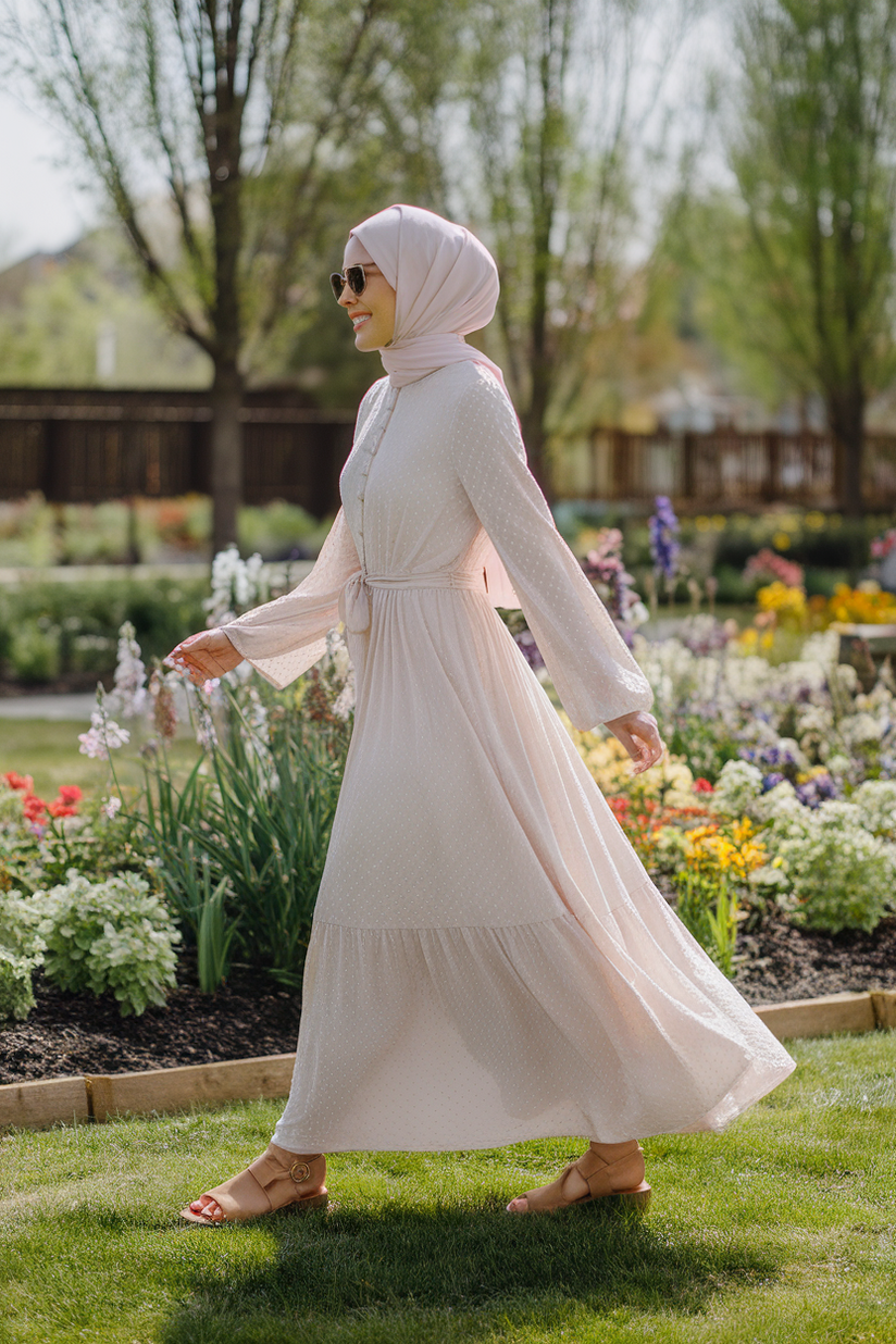 A woman in a modest white maxi dress and a pink hijab, wearing tan sandals, walking in a garden.