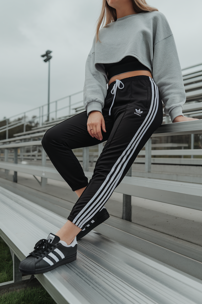 A woman in black Adidas track pants, a grey sweatshirt, and black Adidas sneakers, sitting on outdoor bleachers.