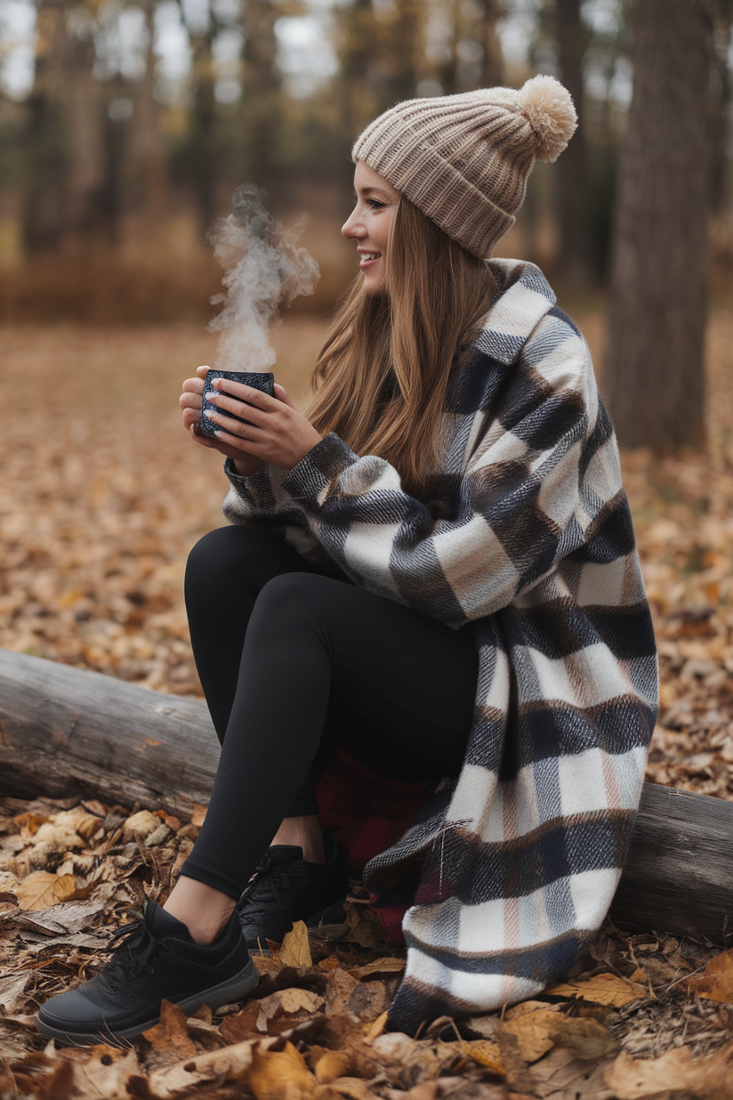 A woman in black leggings, a plaid shacket, and a beige beanie, sitting on a log in a forest.