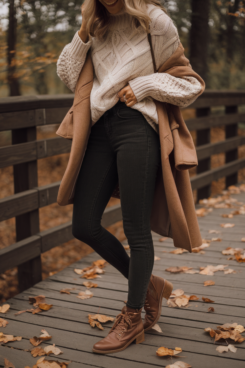 A woman in dark skinny jeans, a cream sweater, and brown boots, standing on a wooden bridge in the forest.