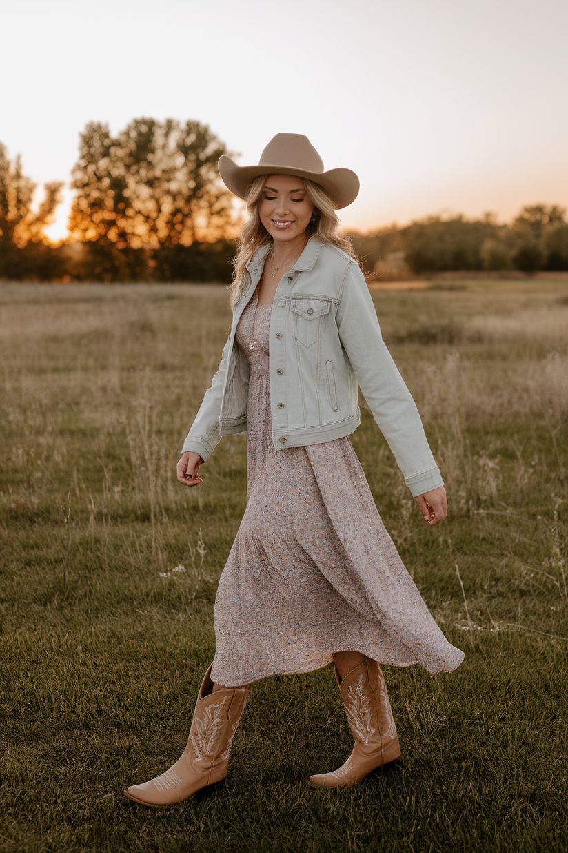 A woman in a floral dress, a denim jacket, and cowboy boots, walking through a field.