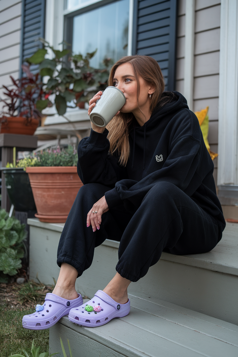 A woman in black sweatpants and a matching hoodie, wearing lavender Crocs, sitting on a porch.