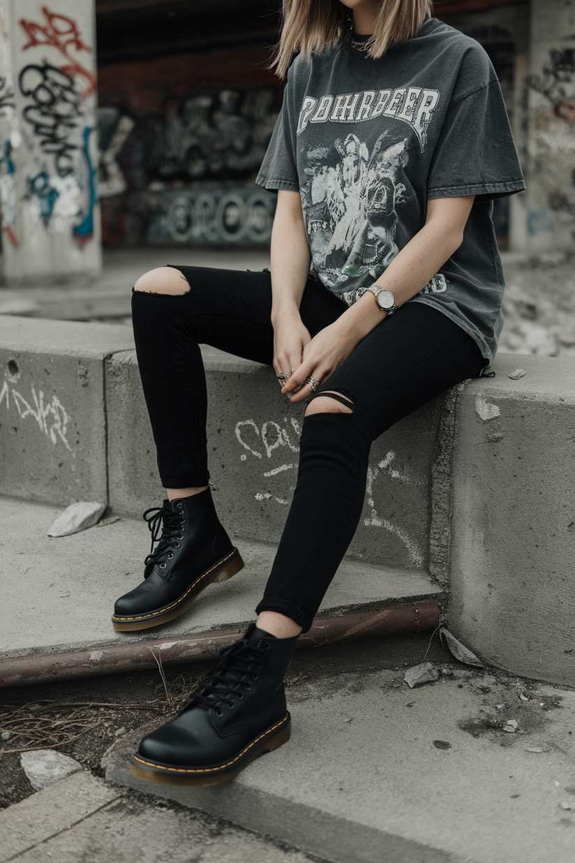 A woman in black ripped jeans, a band t-shirt, and Doc Martens boots, sitting on a concrete ledge.