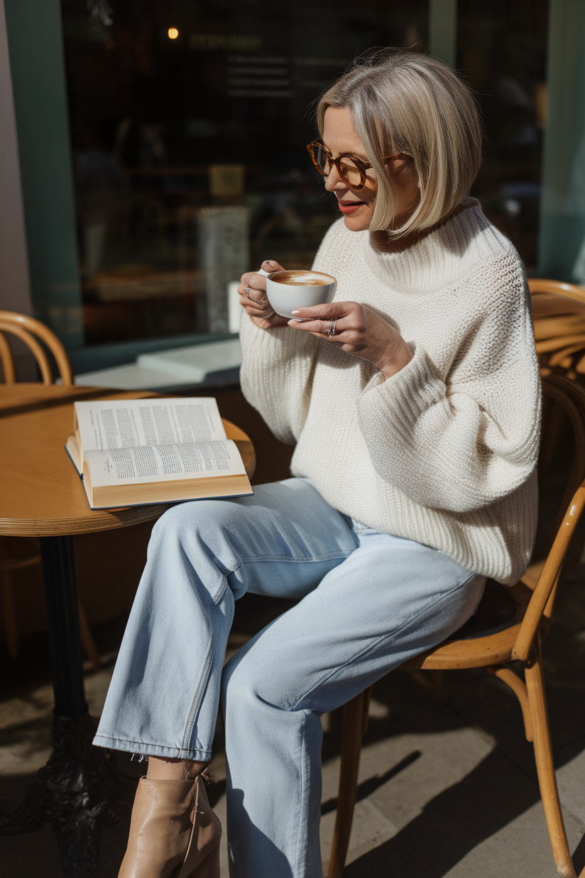 A woman in light blue jeans and a white sweater, wearing round glasses, sitting at a café table with a coffee.