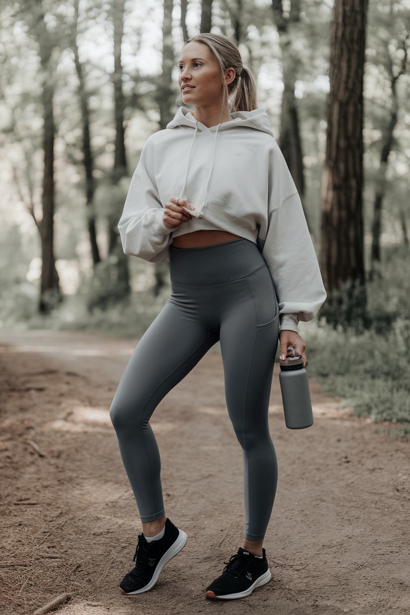 A woman in grey leggings, a white hoodie, and running shoes, standing on a forest trail.