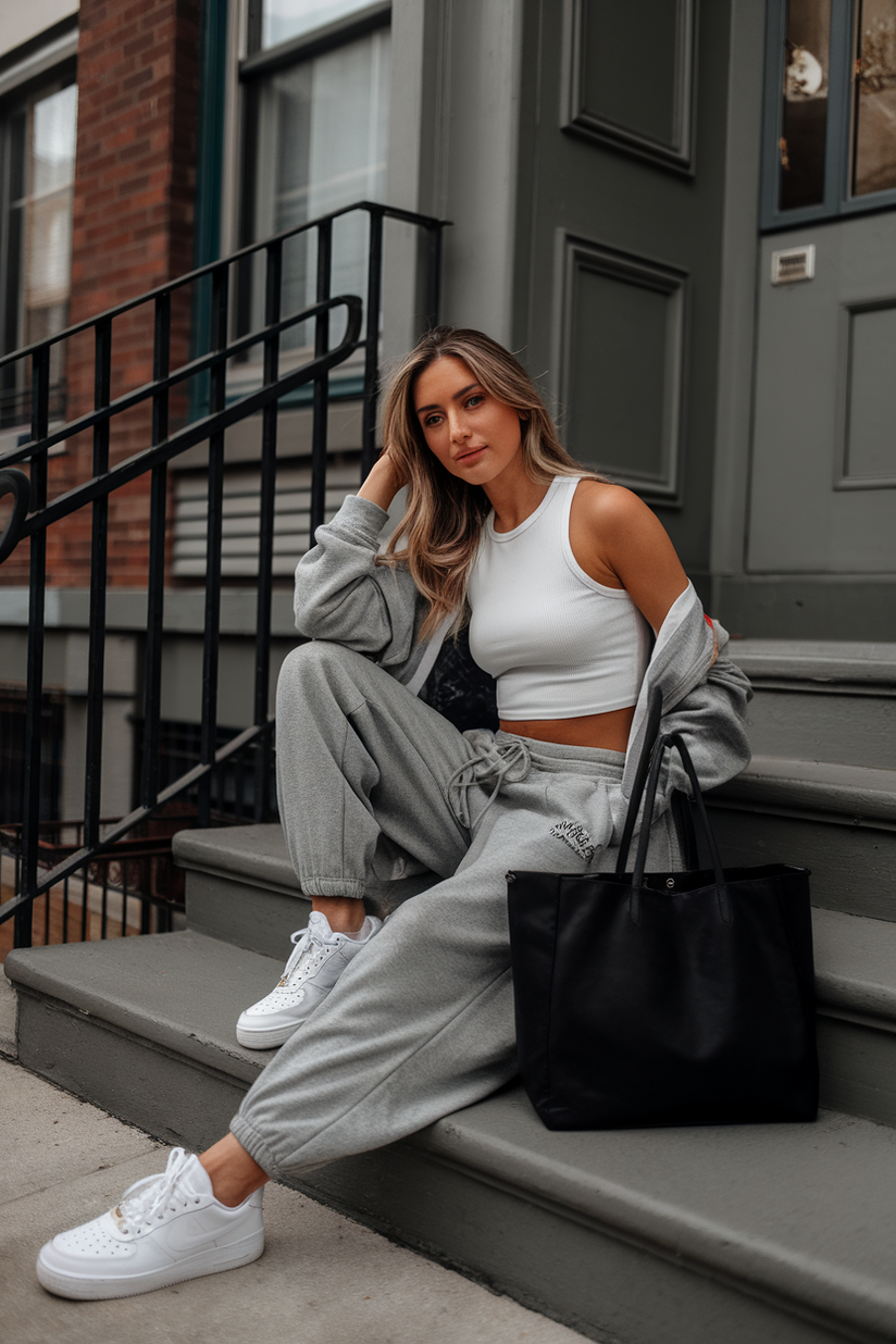 A woman in grey sweatpants and a white cropped tank top, wearing white sneakers, sitting on apartment steps.