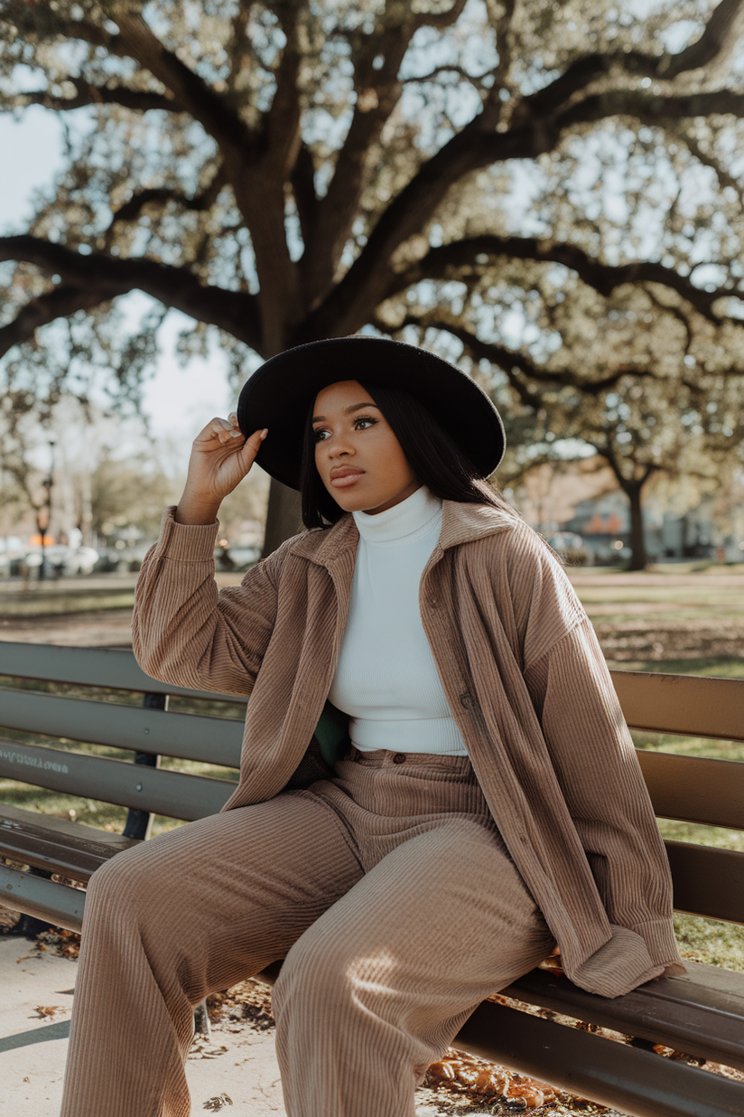 A Black woman in corduroy pants, a white turtleneck, and a black wide-brim hat, sitting on a park bench.