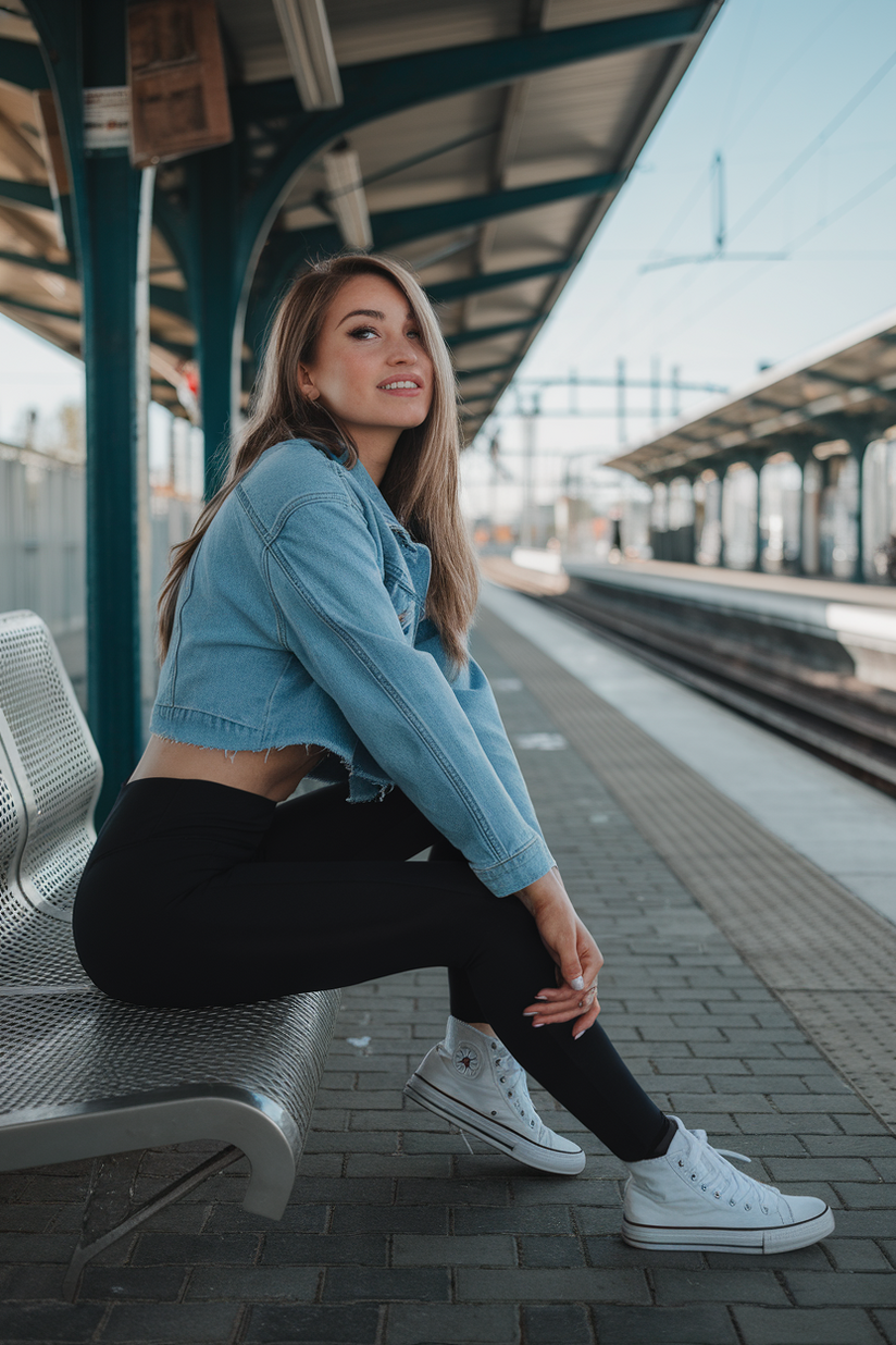 A woman in a cropped jean jacket, black leggings, and white sneakers, sitting on a bench at a train station.