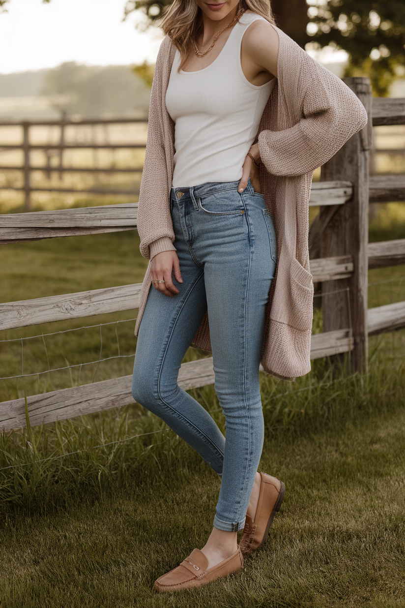 A woman in skinny jeans, a white tank top, and a beige cardigan, standing near a wooden fence in a rural area.