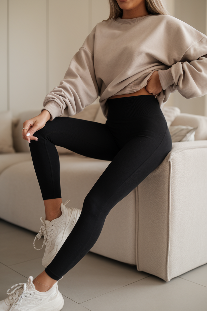 A woman in black leggings and a beige sweatshirt, paired with white sneakers, sitting on a couch in a cozy, modern living room.