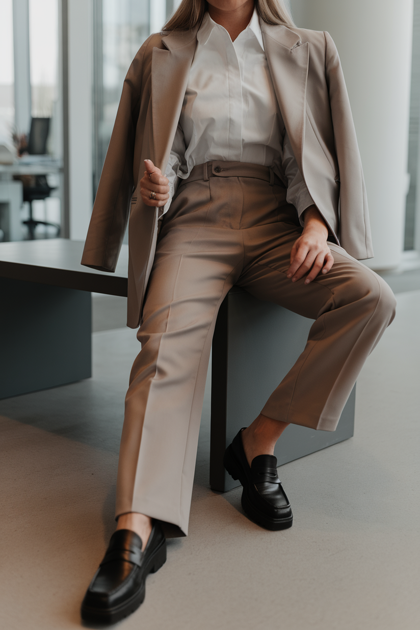 A woman in beige trousers, a white shirt, and black loafers, sitting on a bench in an office.