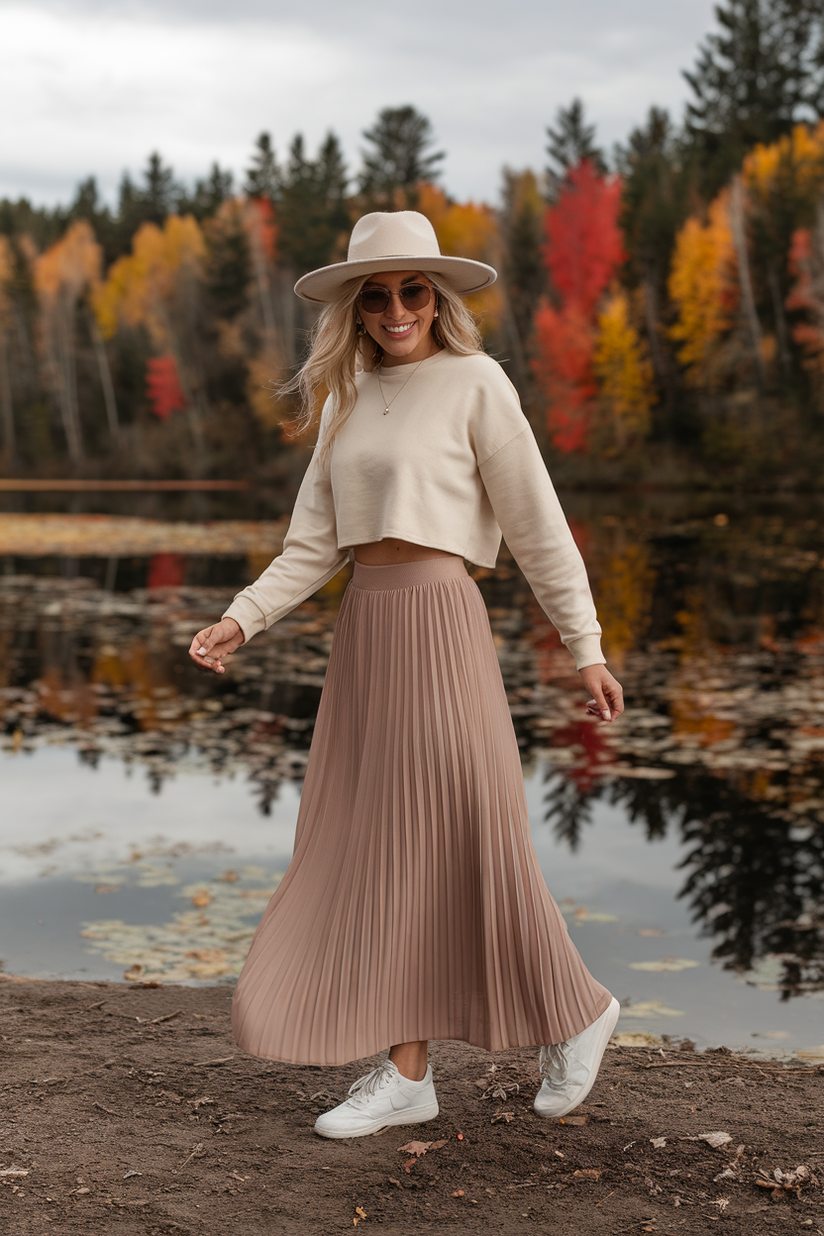 A woman in a beige maxi skirt, a cream sweater, and white sneakers, standing near a lake with fall trees.