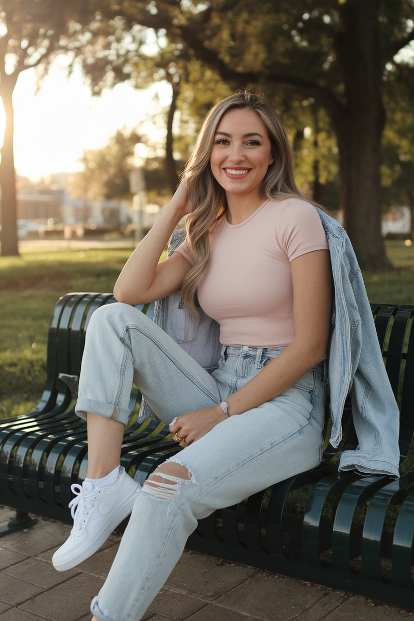 A woman in light-wash mom jeans, a pink t-shirt, and white sneakers, sitting on a park bench with a denim jacket nearby.