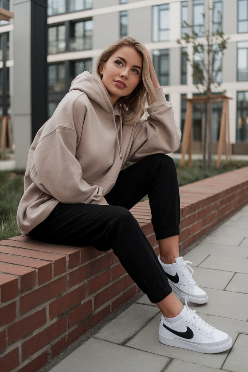 A woman in black joggers, a beige hoodie, and white Nike Blazer sneakers, sitting on a brick wall.