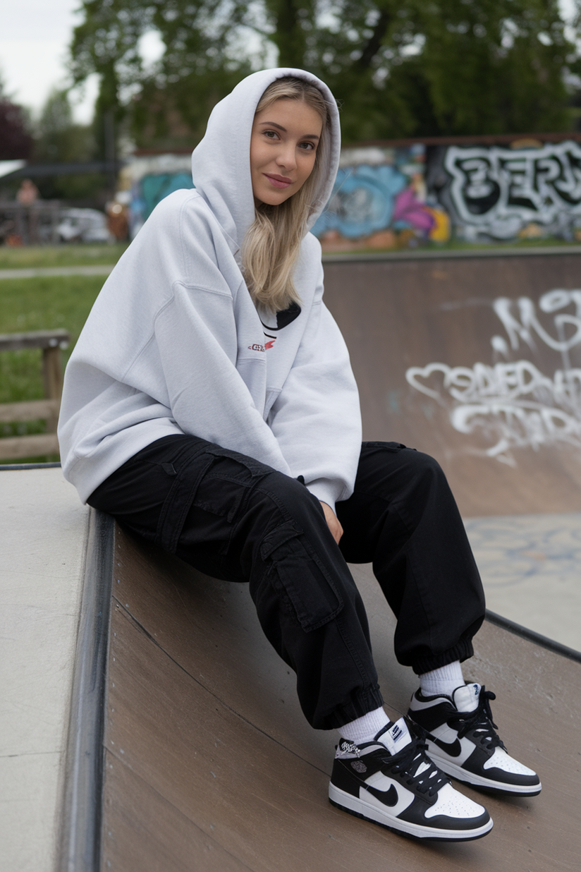 A woman in black cargo pants, a white hoodie, and Panda Dunks sneakers, sitting on a skate ramp.