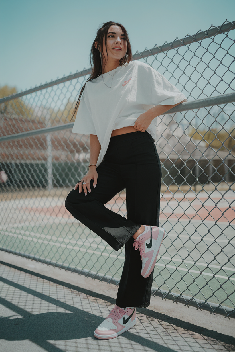 A woman in black pants, a white t-shirt, and pink Nike Dunk sneakers, leaning on a chain-link fence.