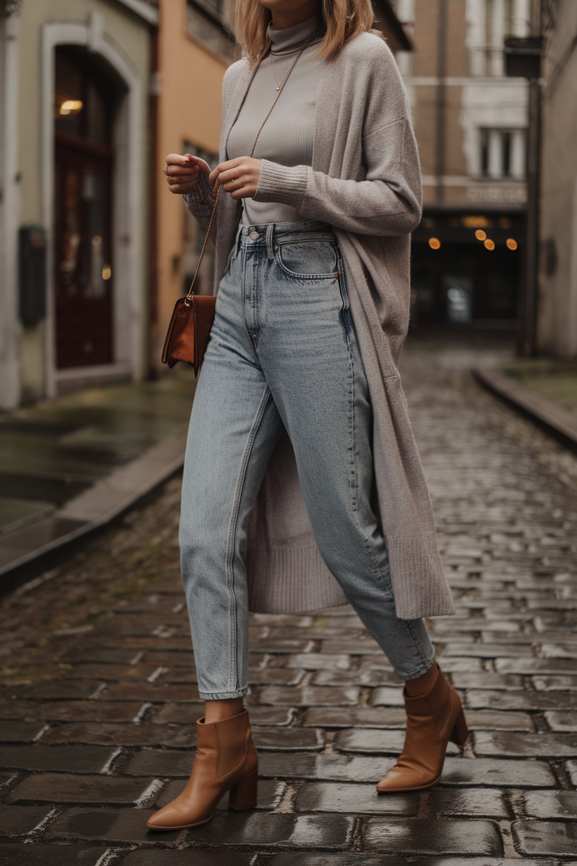 A woman in medium-wash jeans, a grey cardigan, and tan boots, holding a leather purse on a cobblestone street.