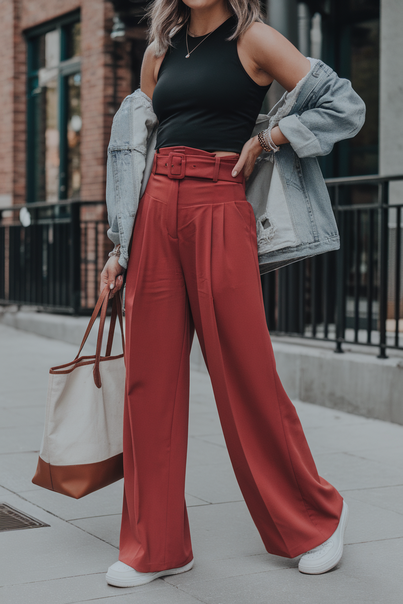 A woman in red wide-leg pants and a black tank top, wearing white sneakers, standing on a city sidewalk.