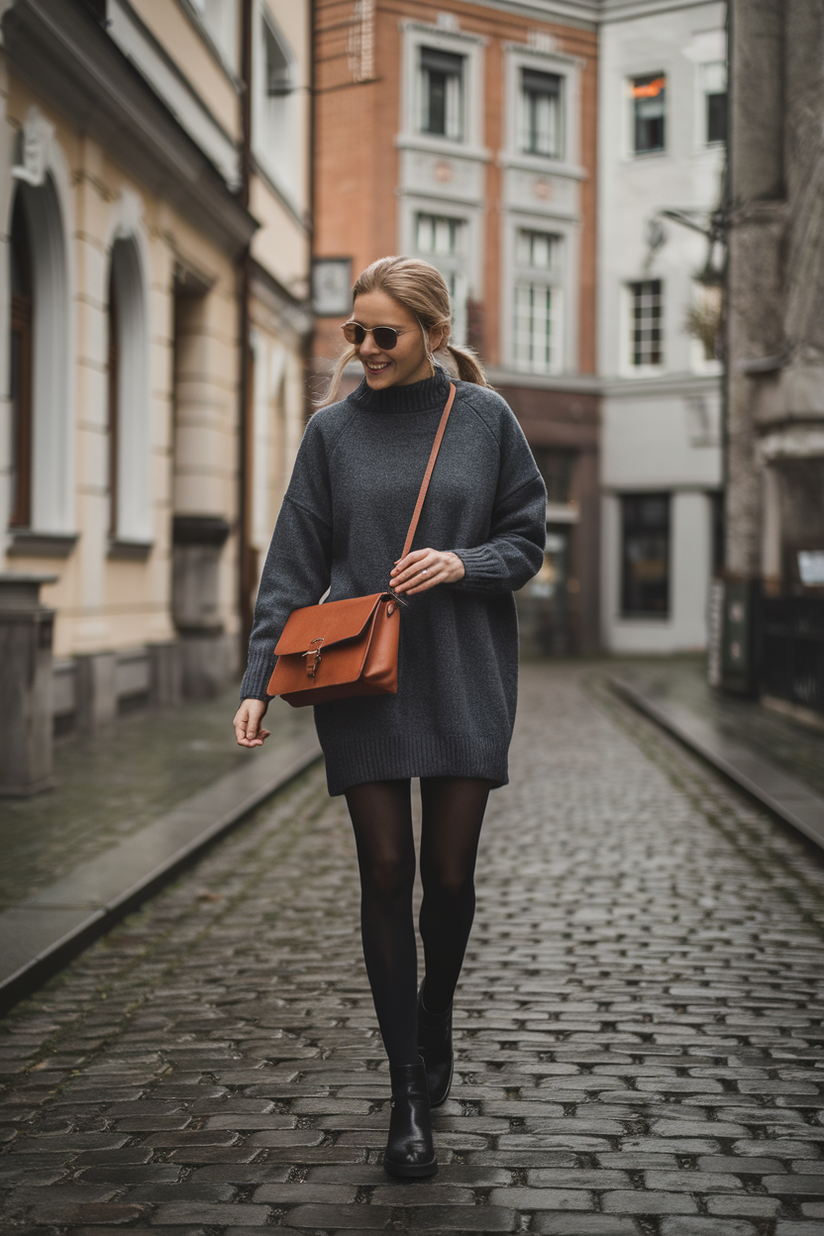 A woman in black tights, a grey sweater dress, and ankle boots, walking down a cobblestone street.