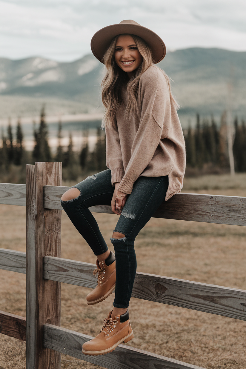 A woman in dark skinny jeans, a beige sweater, and tan Timberland boots, sitting on a wooden fence.