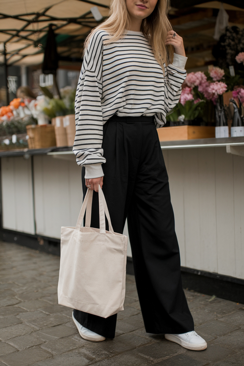 A woman in black wide-leg pants, a striped shirt, and white sneakers, carrying a beige tote bag near a market.