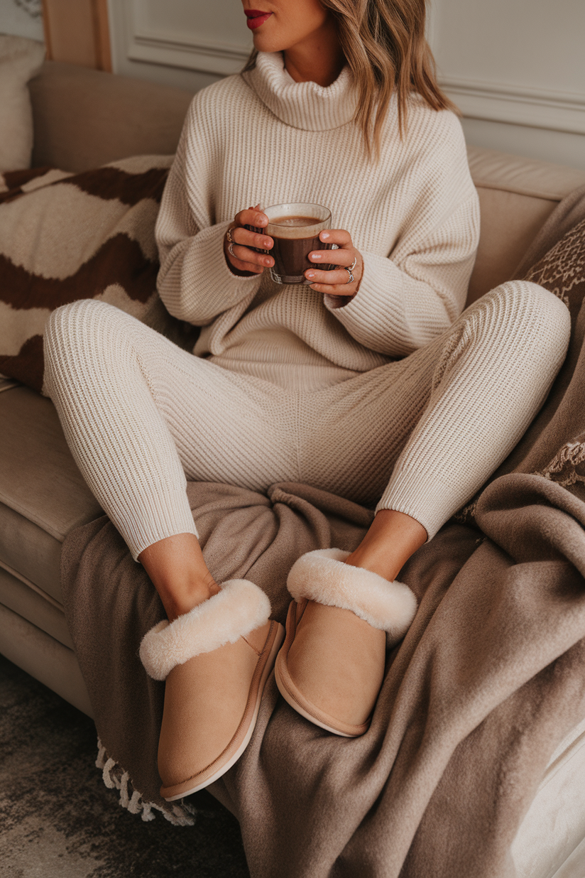 A woman in cream joggers and a matching sweater, wearing beige Ugg slippers, sitting on a sofa.